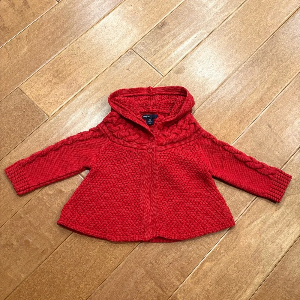 Baby Gap Girls Red Knit Cardigan Sweater w/ Hood Button-up Cotton 6-12 months